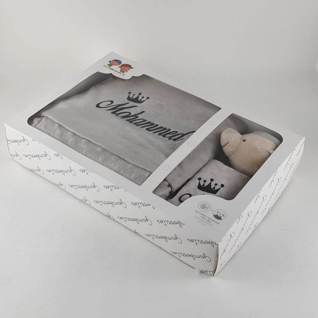 Personalisierte Decke mit Teddy (Regalo-Set) Minky | Grau - Minas Baby Paradies