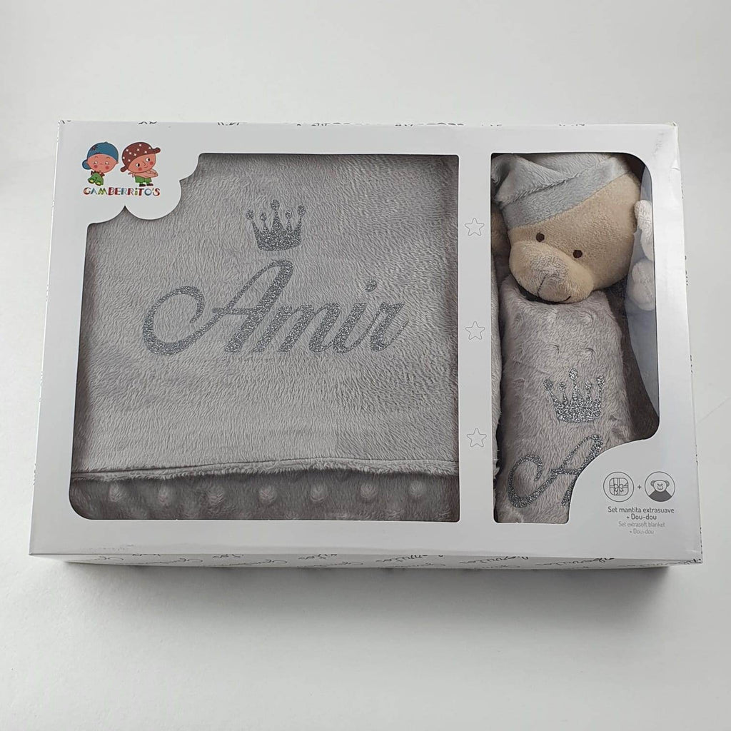 Personalisierte Decke mit Teddy (Regalo-Set) Minky | Grau - Minas Baby Paradies